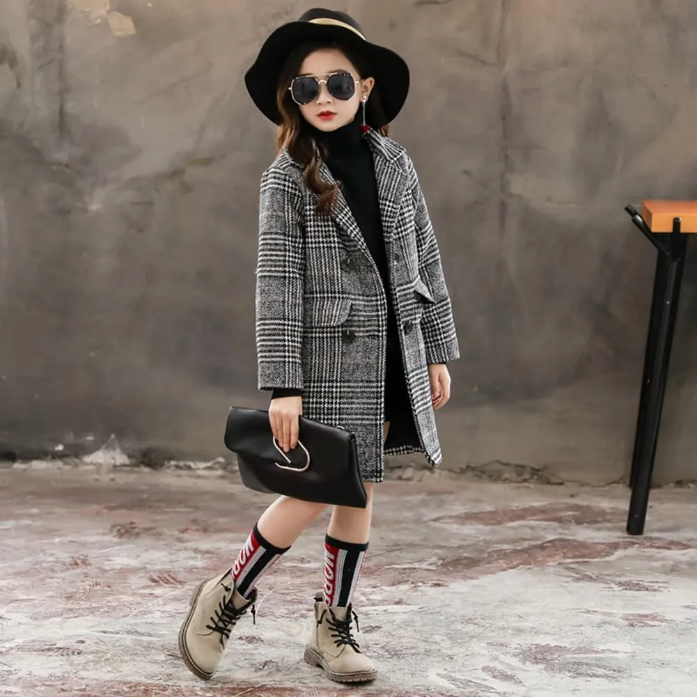 Boys Girls Winter Pea Coat Dress Coats Notched Lapel Collar Double Breasted Plaid Over Coats Long Jackets for Kids