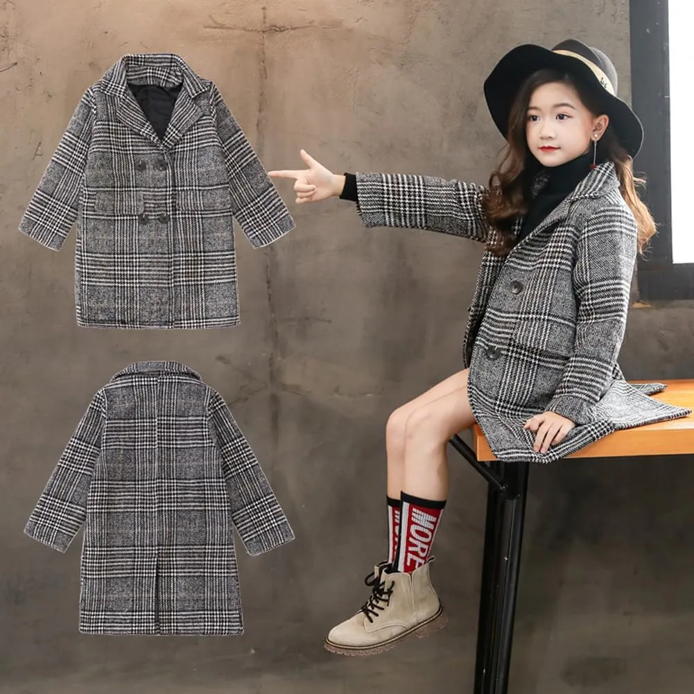 Boys Girls Winter Pea Coat Dress Coats Notched Lapel Collar Double Breasted Plaid Over Coats Long Jackets for Kids