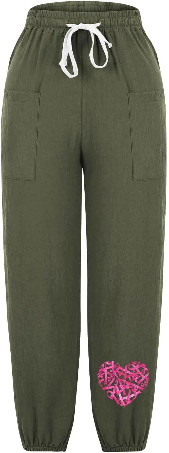 Breast Cancer Awareness Cropped Pants for Women, Summer Casual Cotton Linen Sweatpants Drawstring Tie Trousers with Pockets
