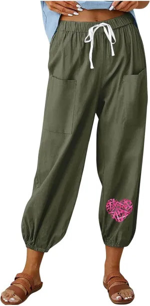 Breast Cancer Awareness Cropped Pants for Women, Summer Casual Cotton Linen Sweatpants Drawstring Tie Trousers with Pockets
