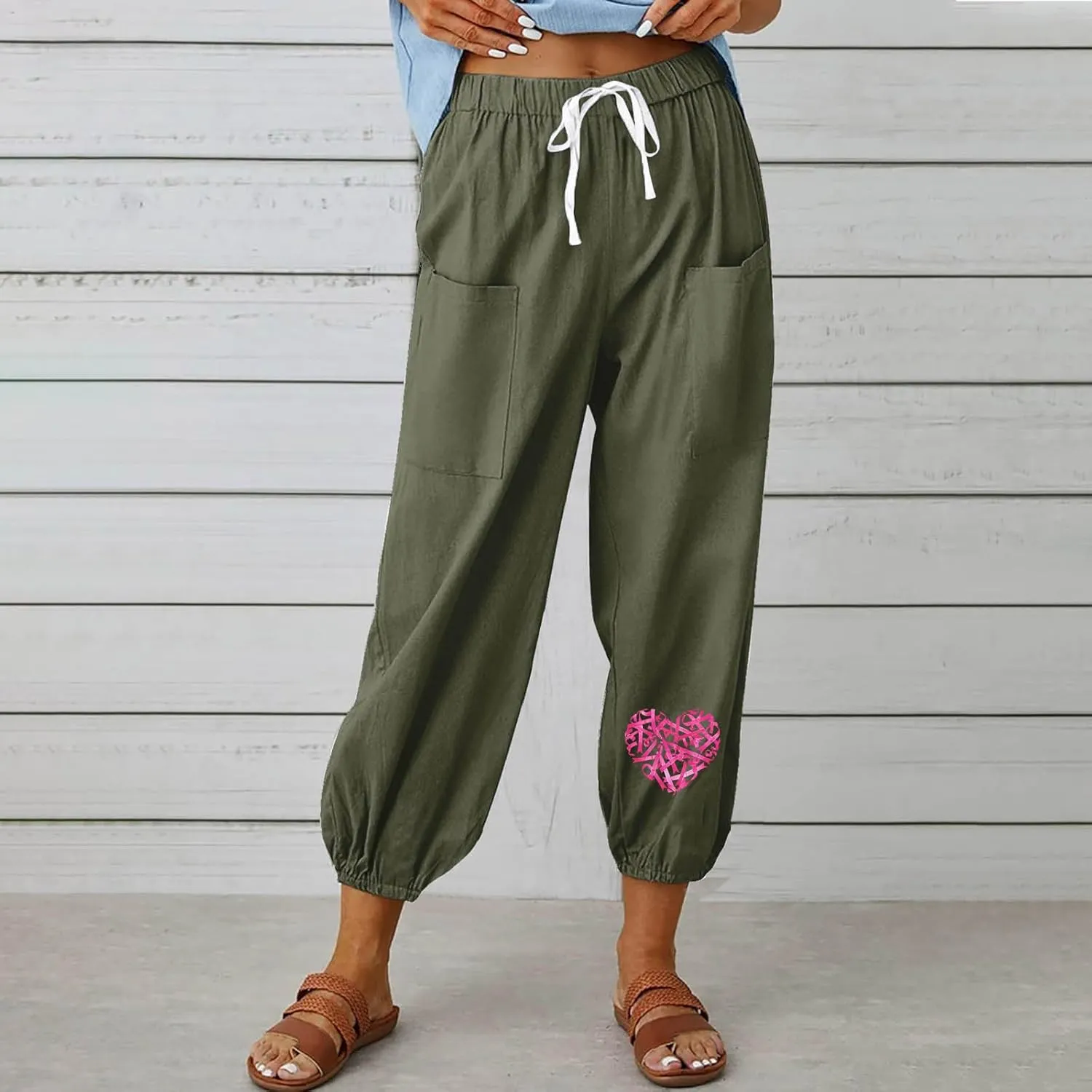Breast Cancer Awareness Cropped Pants for Women, Summer Casual Cotton Linen Sweatpants Drawstring Tie Trousers with Pockets