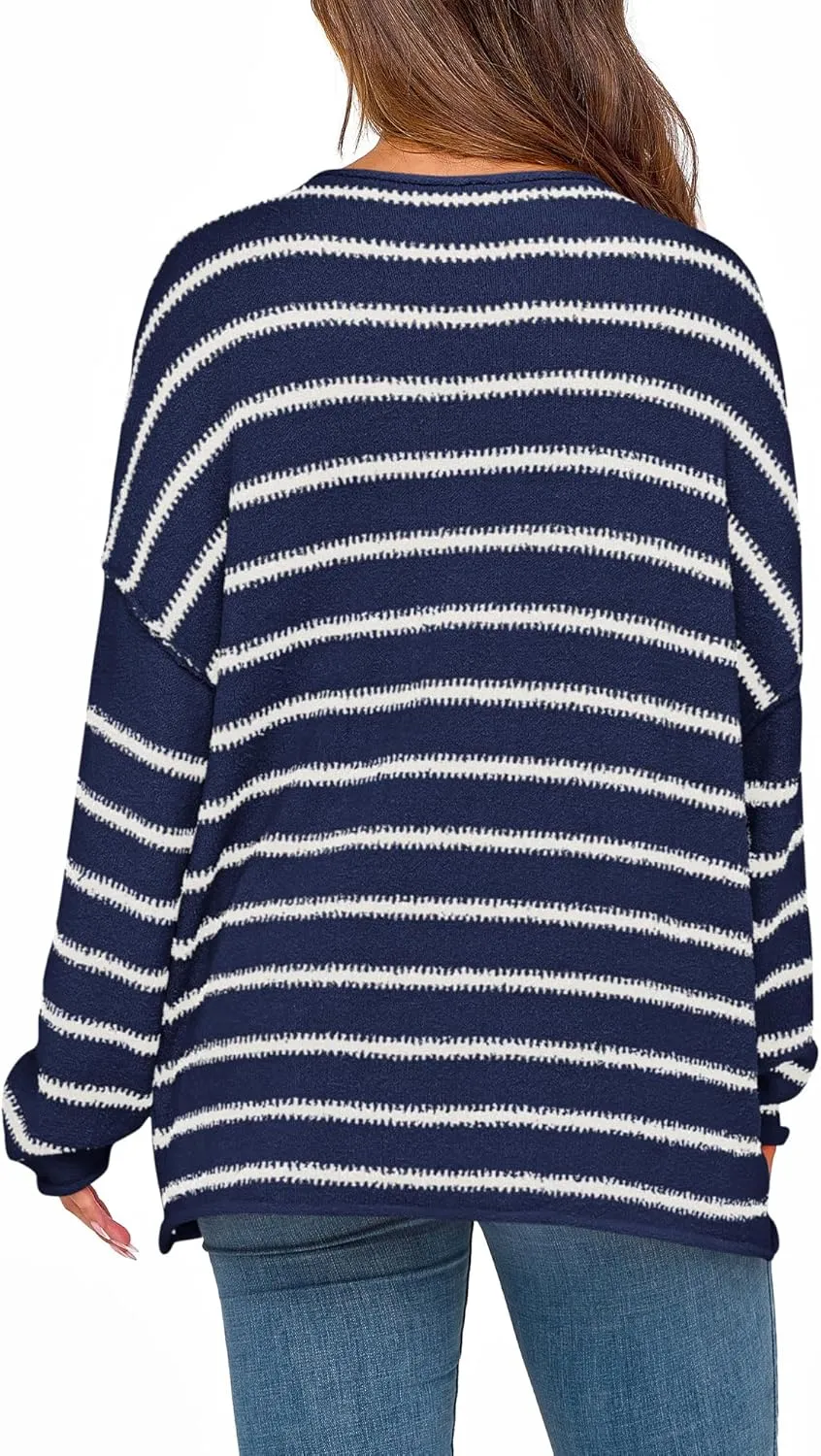 BTFBM Women's Striped Knit Sweaters 2025 Spring Fall Boat Neck Off Shoulder Long Sleeve Oversized Casual Pullover Tops