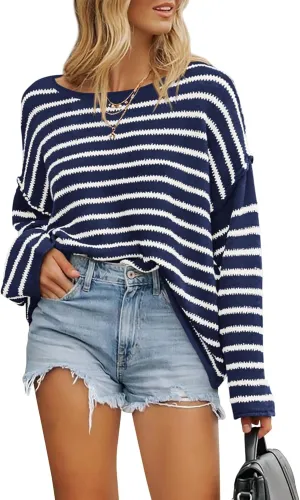 BTFBM Women's Striped Knit Sweaters 2025 Spring Fall Boat Neck Off Shoulder Long Sleeve Oversized Casual Pullover Tops