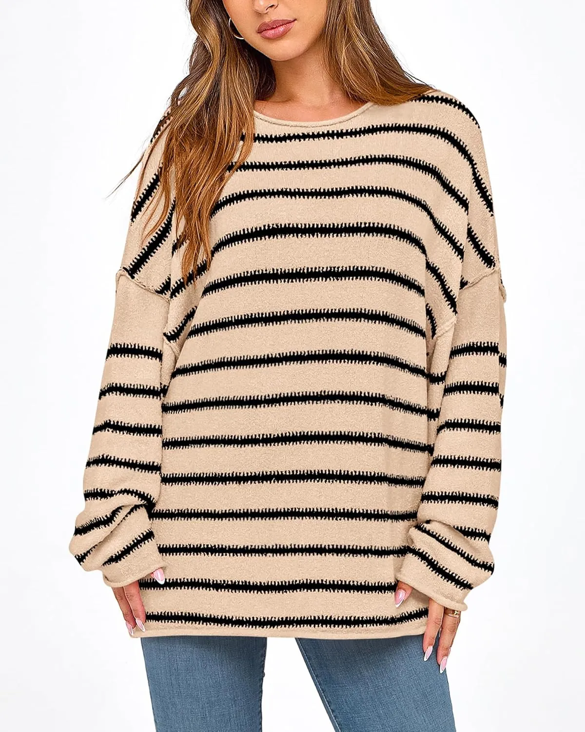 BTFBM Women's Striped Knit Sweaters 2025 Spring Fall Boat Neck Off Shoulder Long Sleeve Oversized Casual Pullover Tops