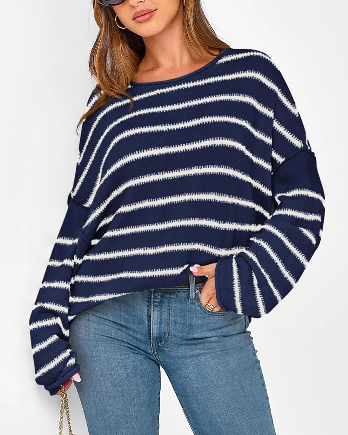 BTFBM Women's Striped Knit Sweaters 2025 Spring Fall Boat Neck Off Shoulder Long Sleeve Oversized Casual Pullover Tops