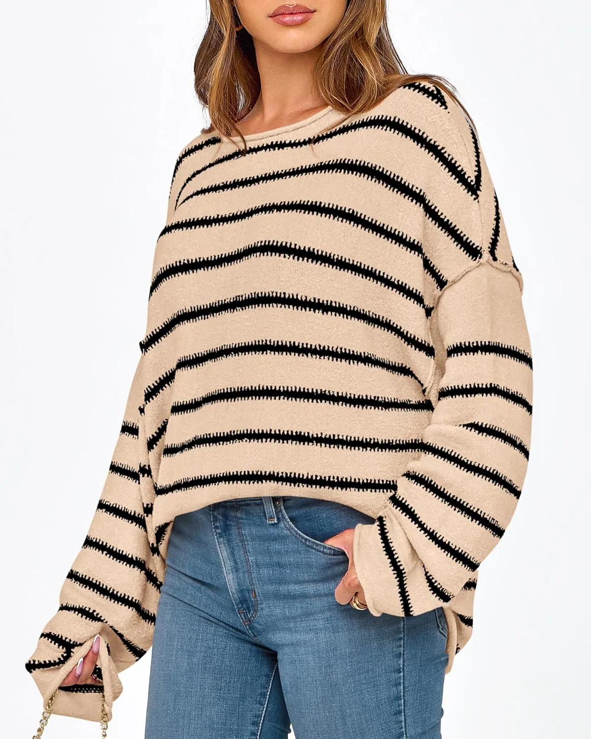 BTFBM Women's Striped Knit Sweaters 2025 Spring Fall Boat Neck Off Shoulder Long Sleeve Oversized Casual Pullover Tops