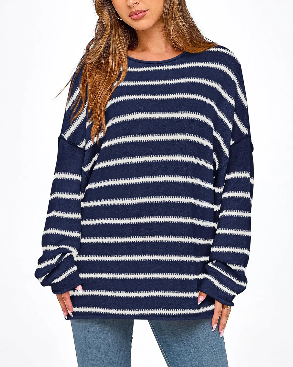 BTFBM Women's Striped Knit Sweaters 2025 Spring Fall Boat Neck Off Shoulder Long Sleeve Oversized Casual Pullover Tops