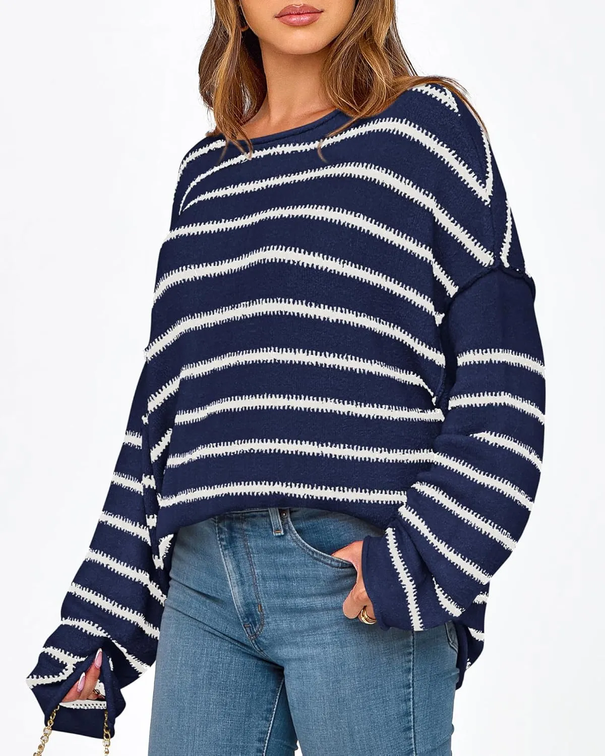 BTFBM Women's Striped Knit Sweaters 2025 Spring Fall Boat Neck Off Shoulder Long Sleeve Oversized Casual Pullover Tops