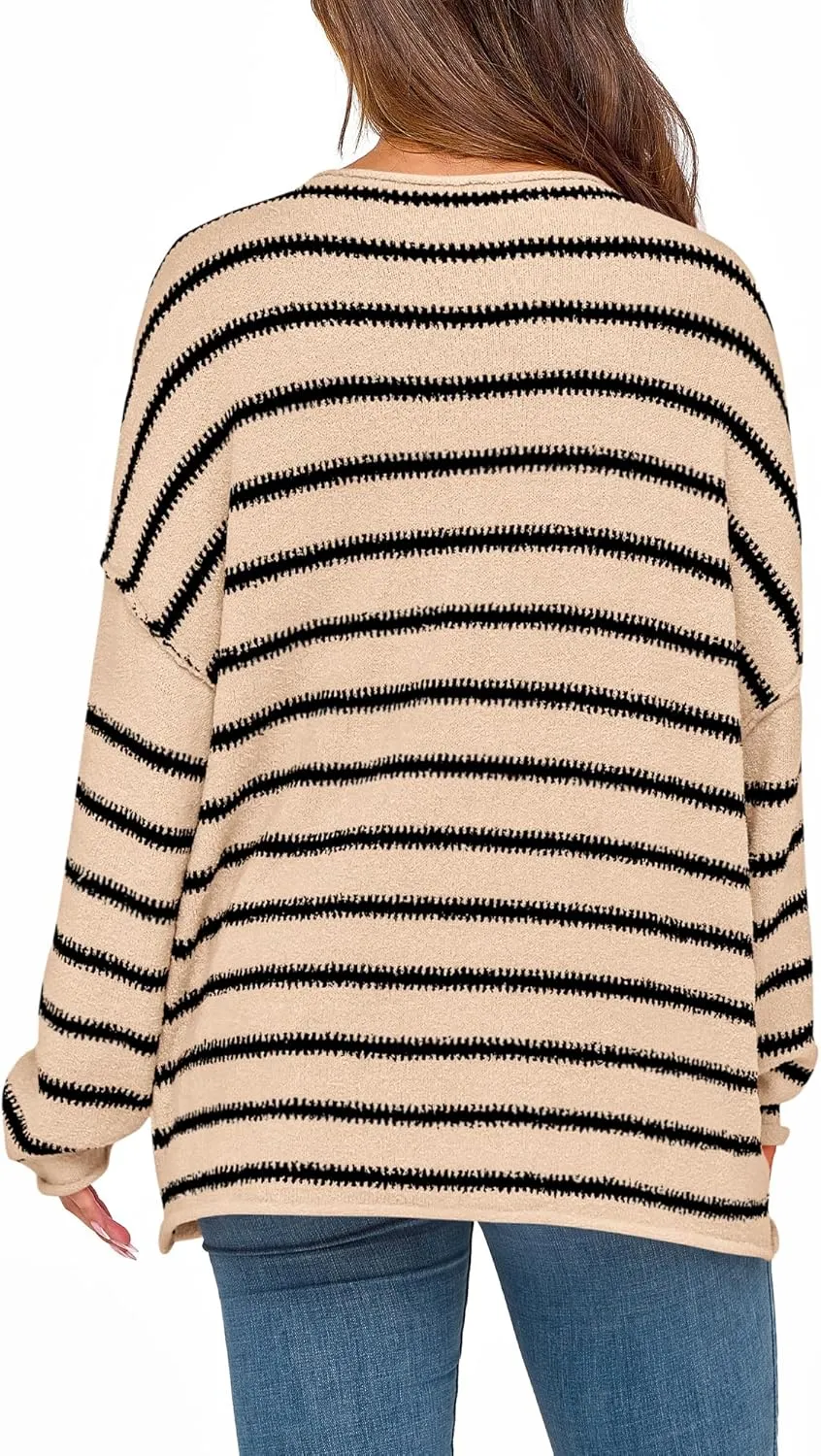 BTFBM Women's Striped Knit Sweaters 2025 Spring Fall Boat Neck Off Shoulder Long Sleeve Oversized Casual Pullover Tops