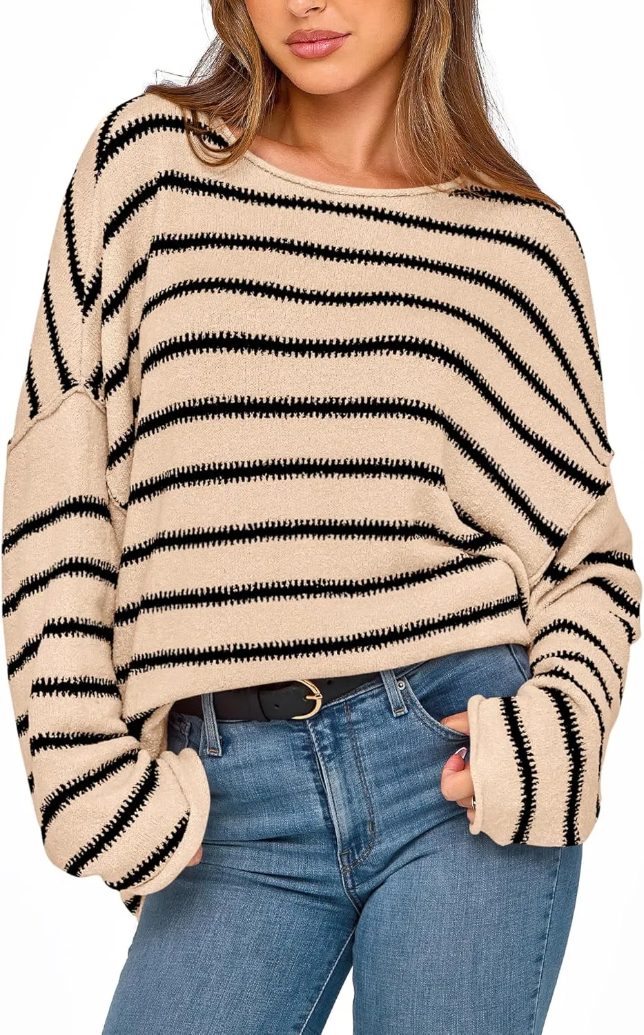 BTFBM Women's Striped Knit Sweaters 2025 Spring Fall Boat Neck Off Shoulder Long Sleeve Oversized Casual Pullover Tops