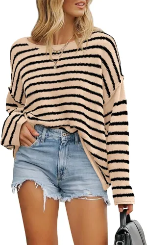 BTFBM Women's Striped Knit Sweaters 2025 Spring Fall Boat Neck Off Shoulder Long Sleeve Oversized Casual Pullover Tops