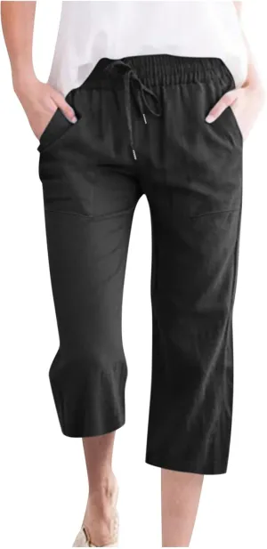 Capri Pants for Women Casual 2024 Summer Drawstring Elastic High Waist Linen Pants Wide Leg Plus Size Lounge Capris