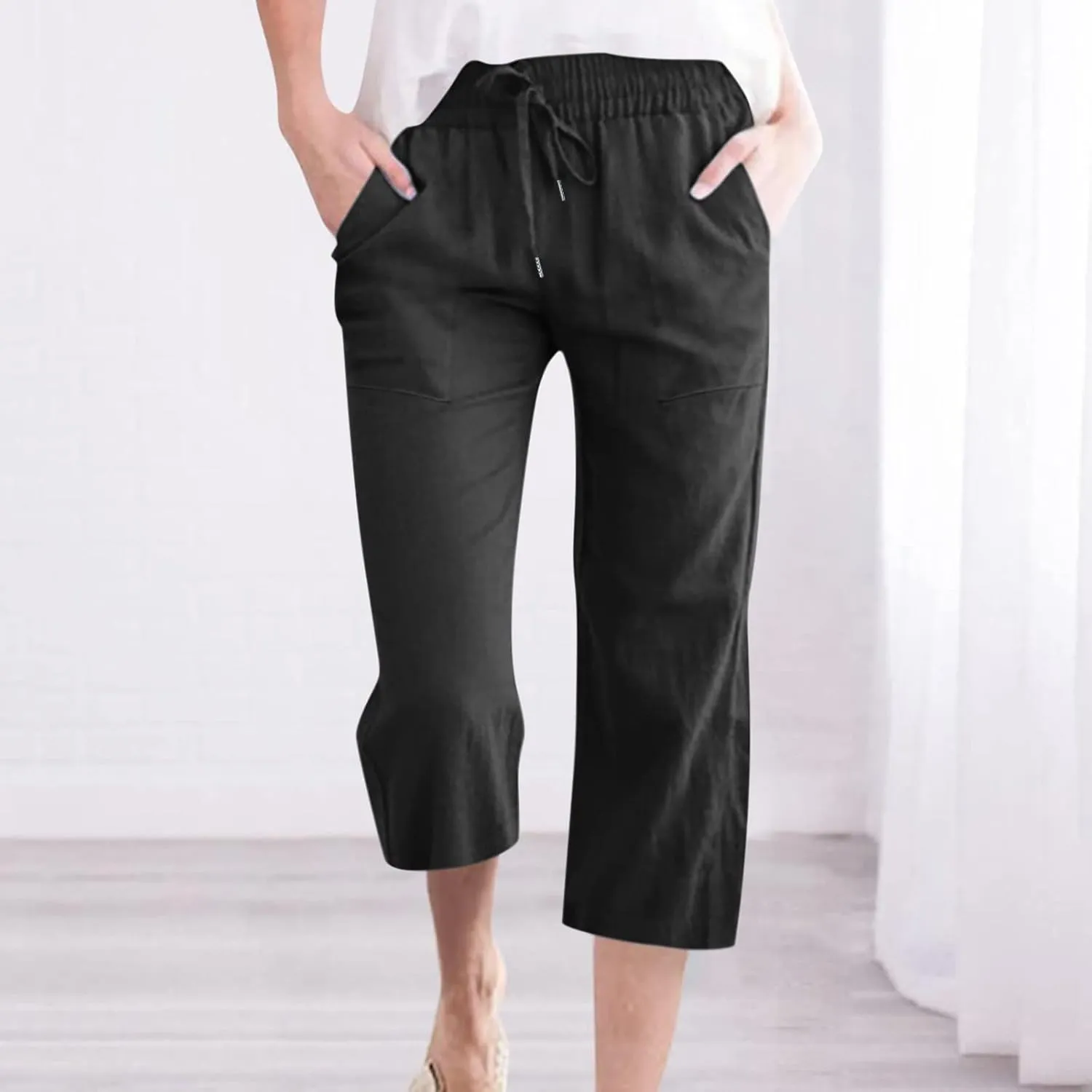 Capri Pants for Women Casual 2024 Summer Drawstring Elastic High Waist Linen Pants Wide Leg Plus Size Lounge Capris