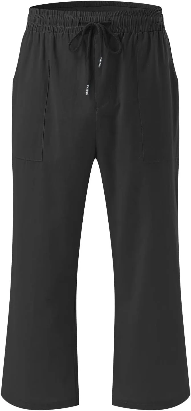 Capri Pants for Women Casual 2024 Summer Drawstring Elastic High Waist Linen Pants Wide Leg Plus Size Lounge Capris