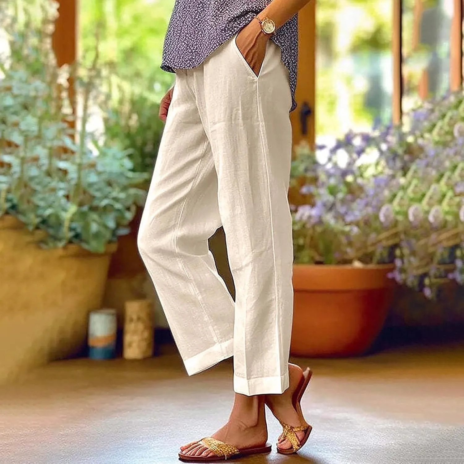 Capri Pants for Women Casual Summer Drawstring Elastic High Waist Linen Pant Straight Wide Leg Cropped Trouser