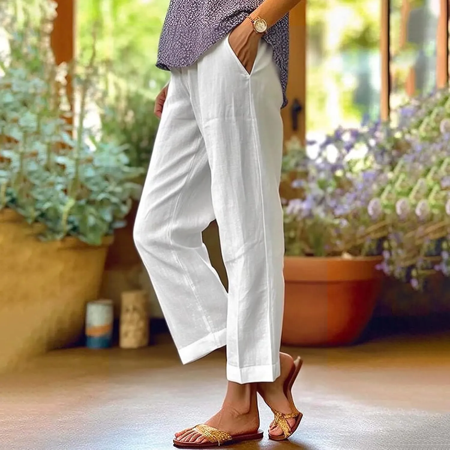 Capri Pants for Women Casual Summer Drawstring Elastic High Waist Linen Pant Straight Wide Leg Cropped Trouser