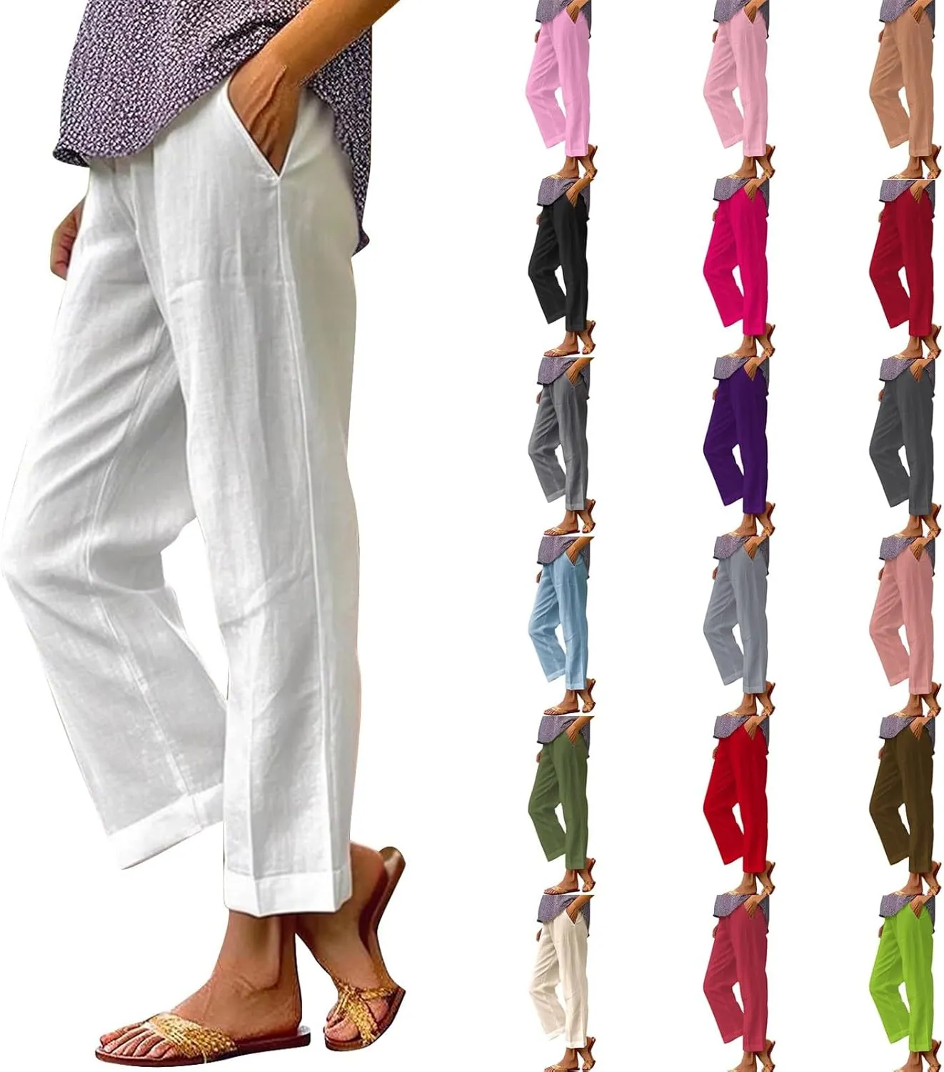 Capri Pants for Women Casual Summer Drawstring Elastic High Waist Linen Pant Straight Wide Leg Cropped Trouser