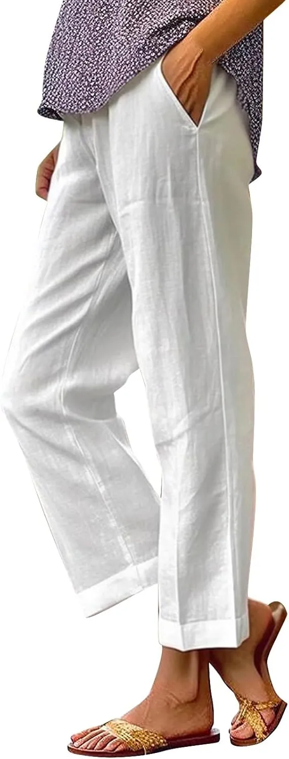 Capri Pants for Women Casual Summer Drawstring Elastic High Waist Linen Pant Straight Wide Leg Cropped Trouser