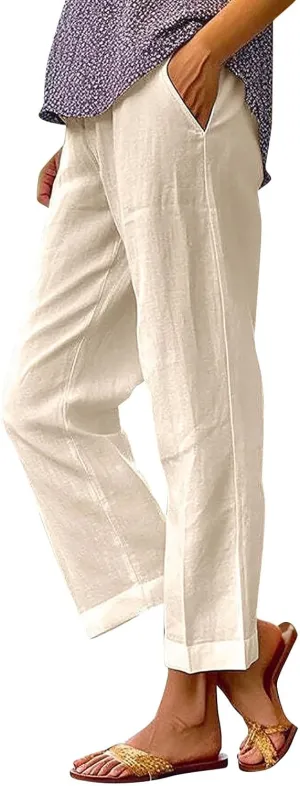 Capri Pants for Women Casual Summer Drawstring Elastic High Waist Linen Pant Straight Wide Leg Cropped Trouser