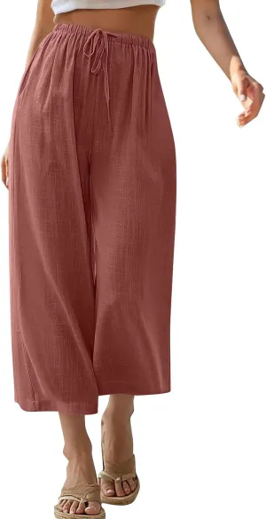 Capri Pants for Women Linen Workout Capri Casual Cropped Elastic Waist High Waist Yoga Casual Summer Cotton Stretch