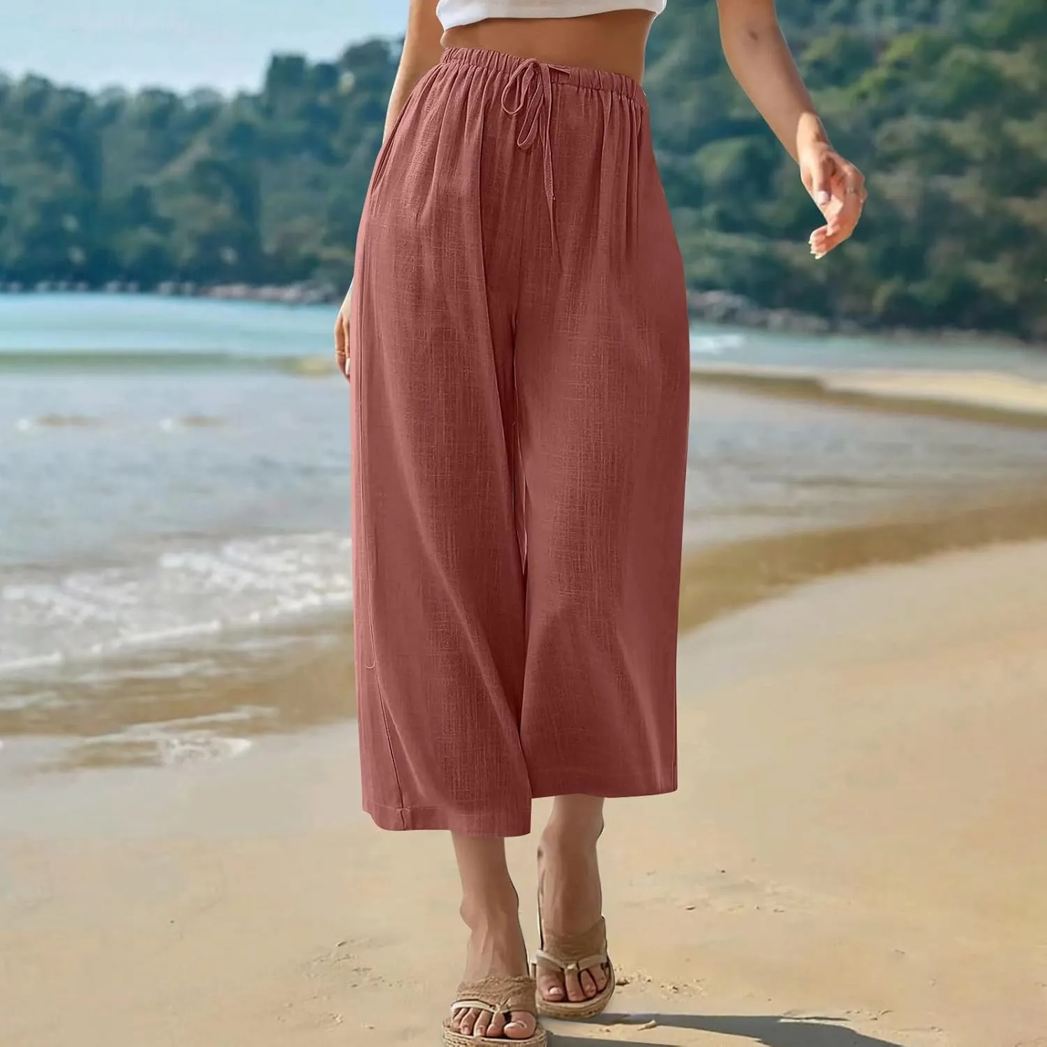 Capri Pants for Women Linen Workout Capri Casual Cropped Elastic Waist High Waist Yoga Casual Summer Cotton Stretch
