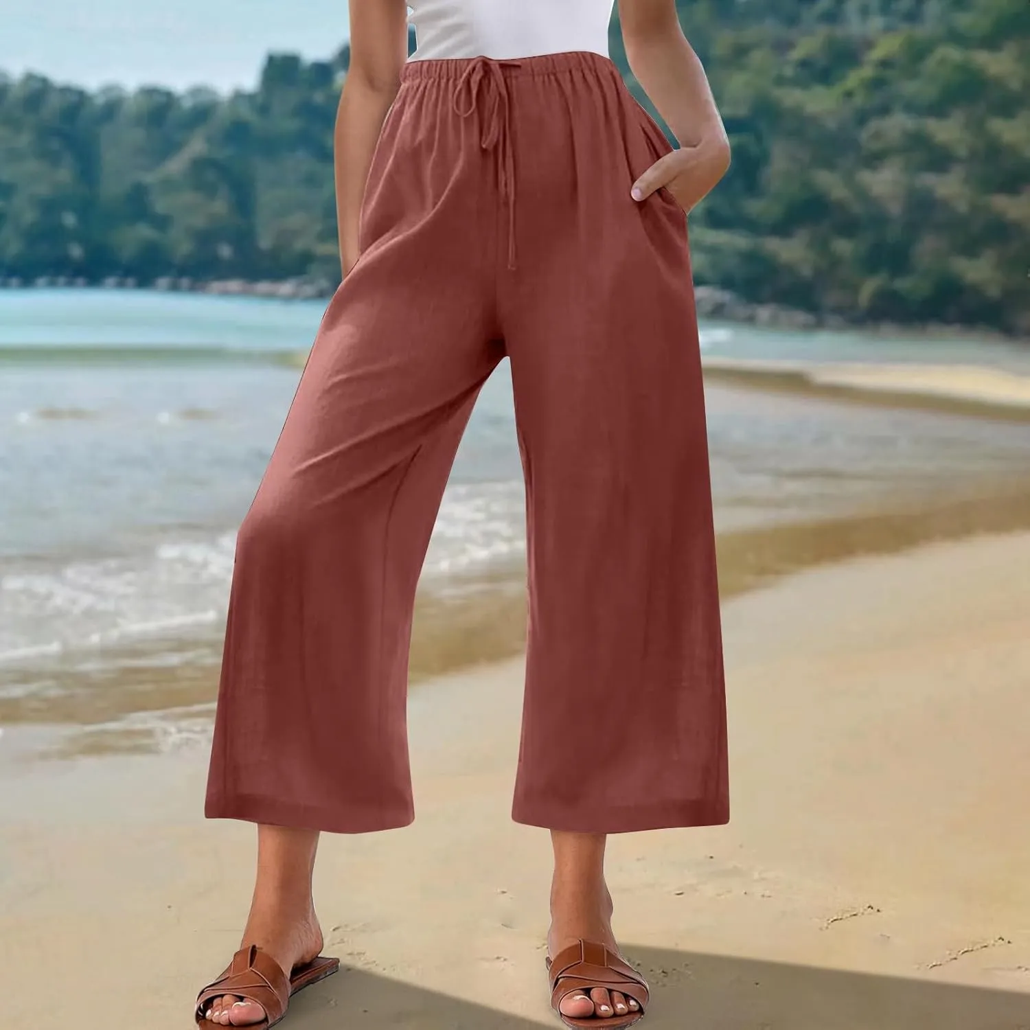 Capri Pants for Women Linen Workout Capri Casual Cropped Elastic Waist High Waist Yoga Casual Summer Cotton Stretch