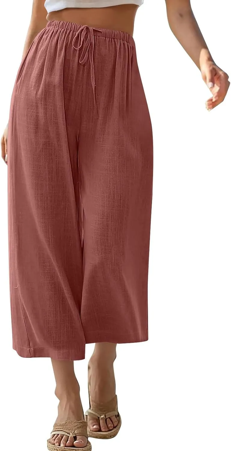 Capri Pants for Women Linen Workout Capri Casual Cropped Elastic Waist High Waist Yoga Casual Summer Cotton Stretch