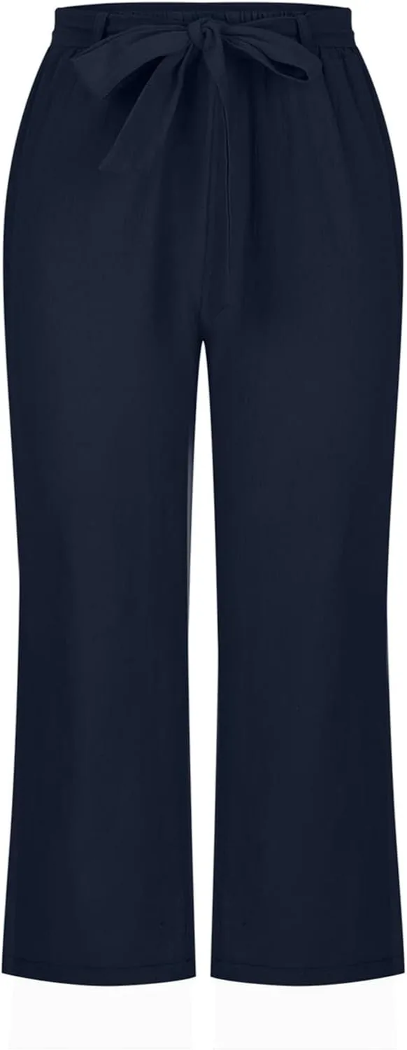 Capris Linen Pants Women Summer 2025 Dressy Casual Wide Leg Lounge Palazzo Pant High Waisted Flowy Beach Crop Trouser
