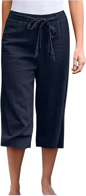 Capris Linen Pants Women Summer 2025 Dressy Casual Wide Leg Lounge Palazzo Pant High Waisted Flowy Beach Crop Trouser