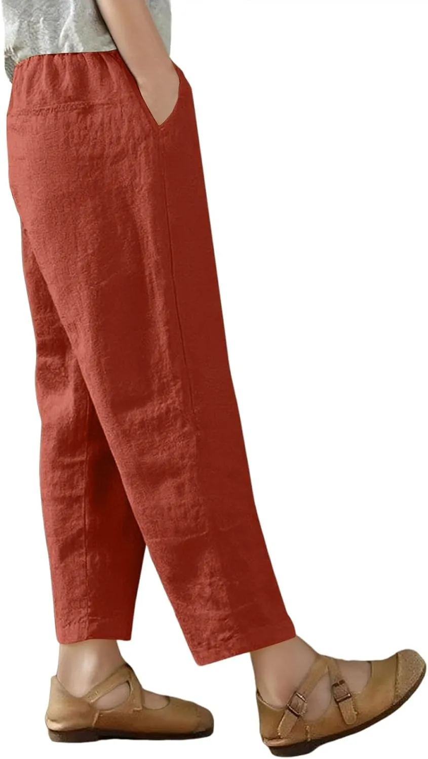 Capris Pants for Women Casual Summer Wide Leg Cotton Linen Pants Elastic Waist Beach Cropped Trousers with Pockets