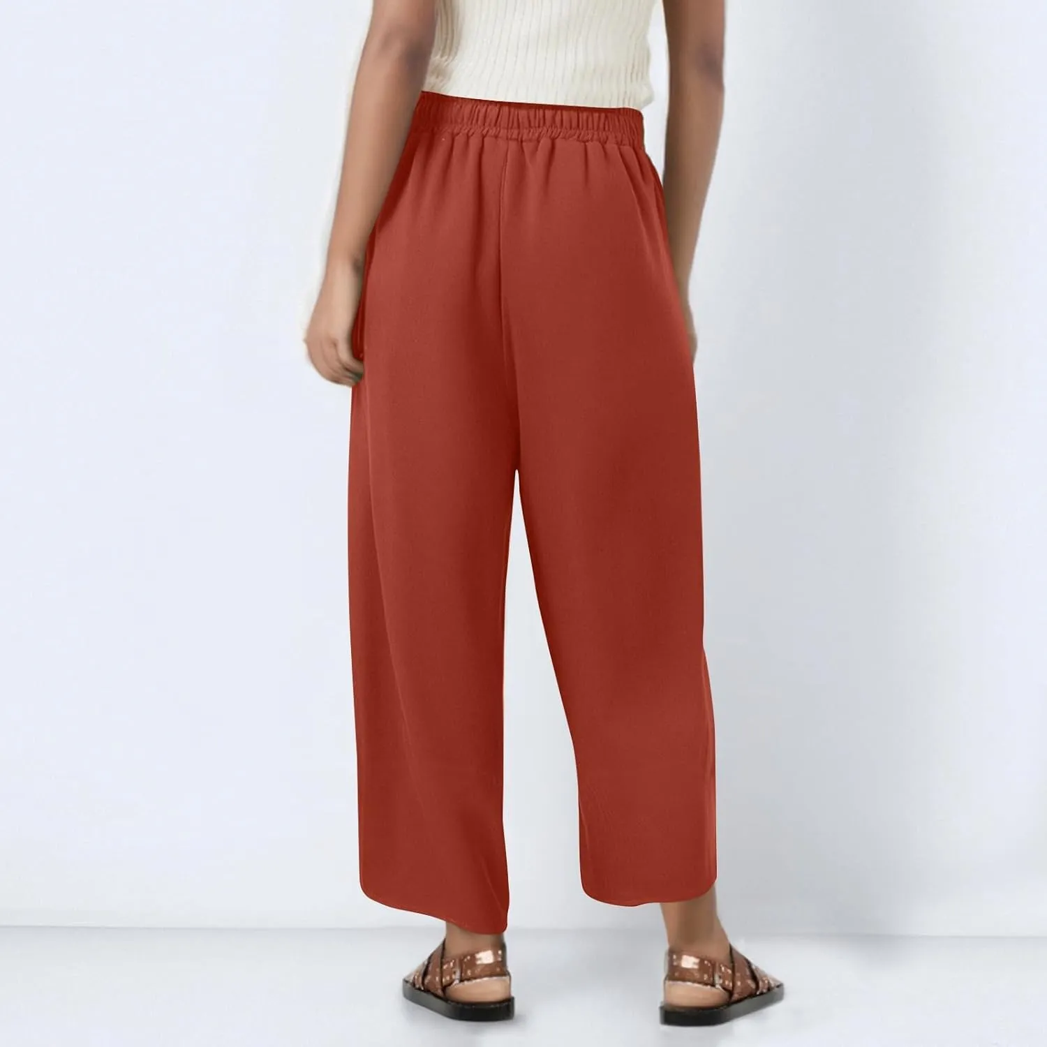 Capris Pants for Women Casual Summer Wide Leg Cotton Linen Pants Elastic Waist Beach Cropped Trousers with Pockets
