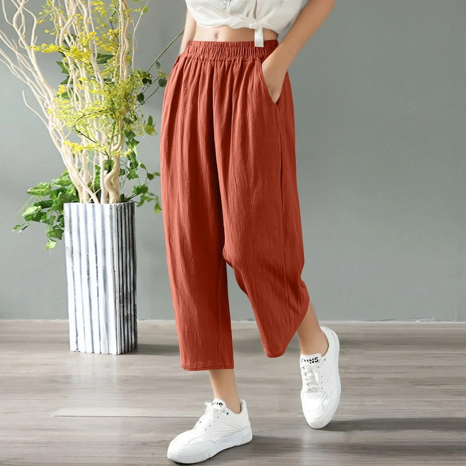 Capris Pants for Women Casual Summer Wide Leg Cotton Linen Pants Elastic Waist Beach Cropped Trousers with Pockets