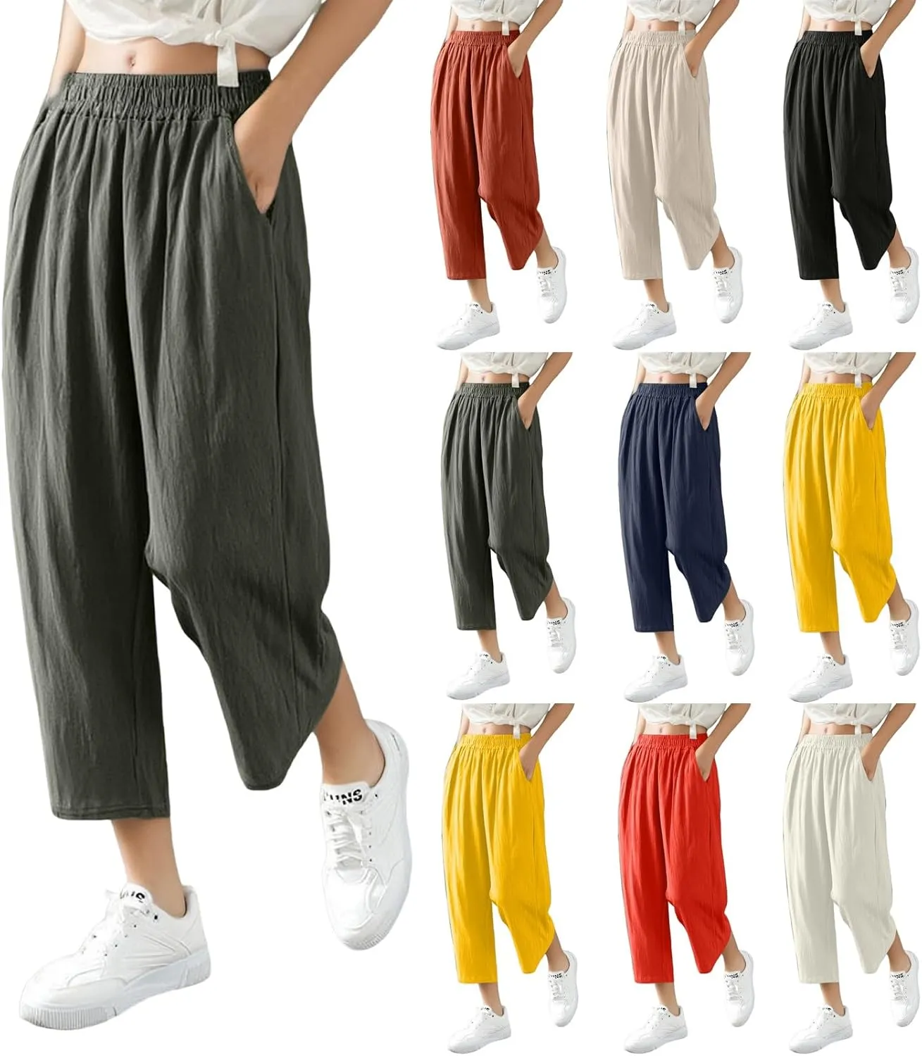Capris Pants for Women Casual Summer Wide Leg Cotton Linen Pants Elastic Waist Beach Cropped Trousers with Pockets