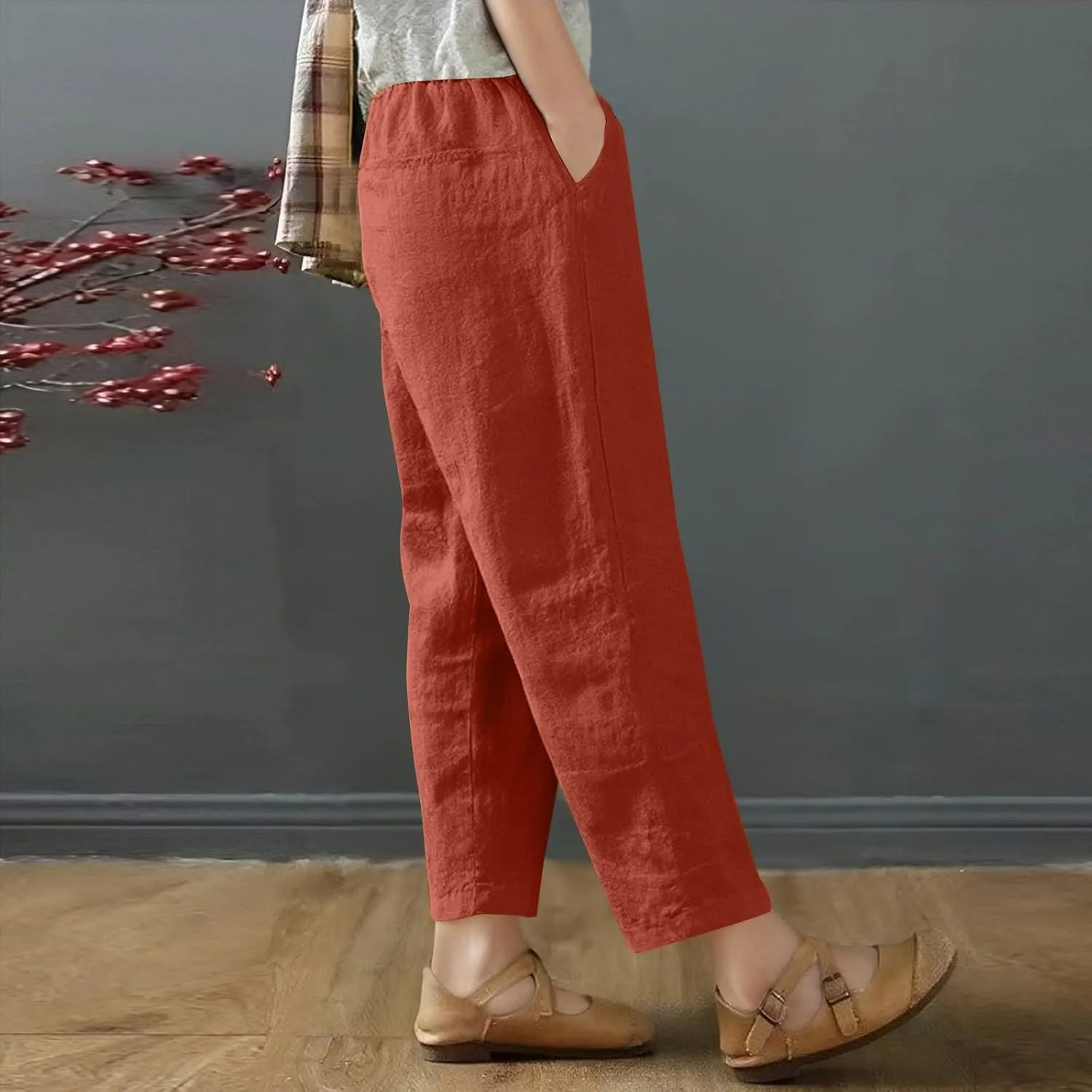 Capris Pants for Women Casual Summer Wide Leg Cotton Linen Pants Elastic Waist Beach Cropped Trousers with Pockets