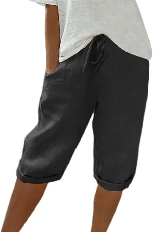 Capris Pants for Women Cotton Linen Summer 2025 Straight Wide Leg Loose Drawstring Elastic Waist Cropped Trouser