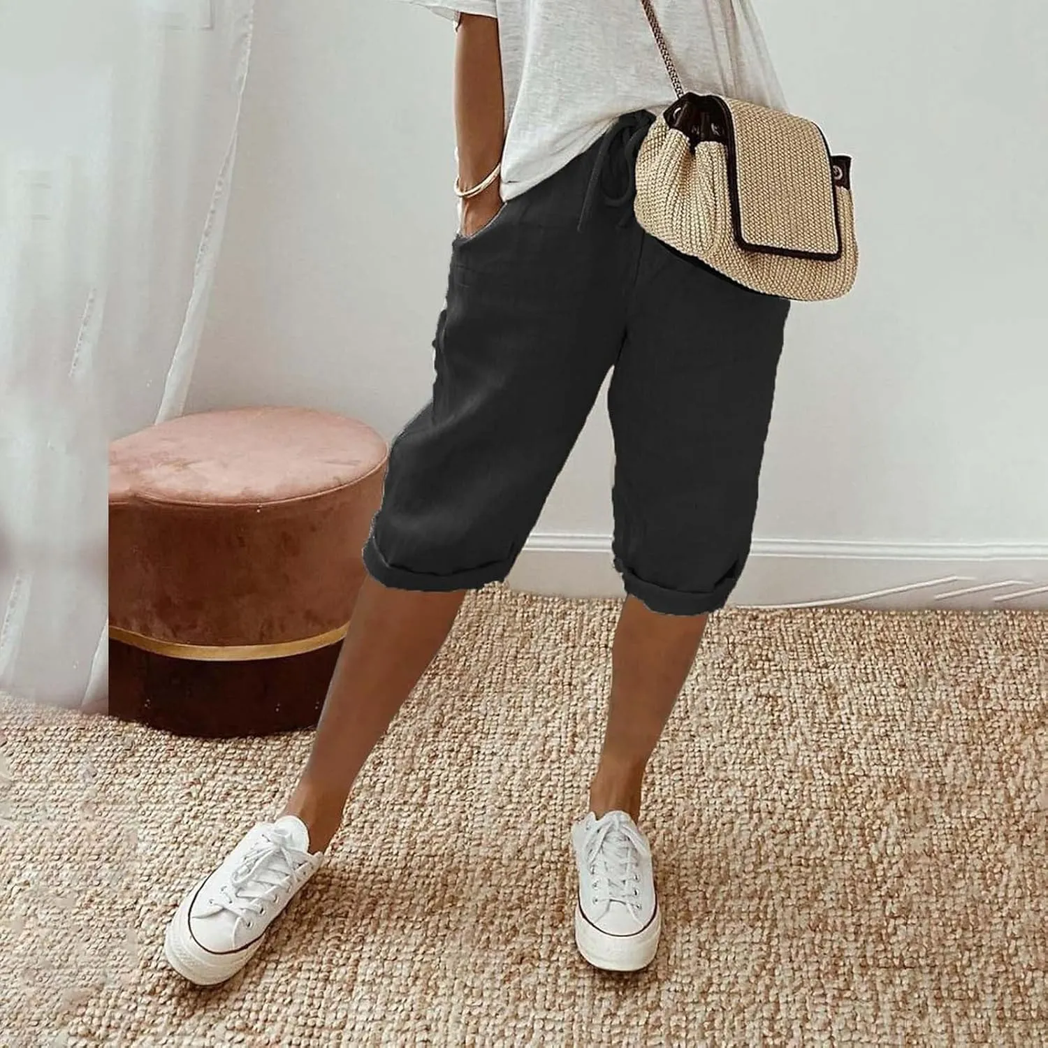 Capris Pants for Women Cotton Linen Summer 2025 Straight Wide Leg Loose Drawstring Elastic Waist Cropped Trouser