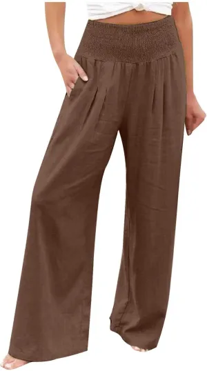 Casual Linen Wide Leg Pants for Women Smocked High Waisted Palazzo Pant Loose Baggy Elastic Waist Trousers