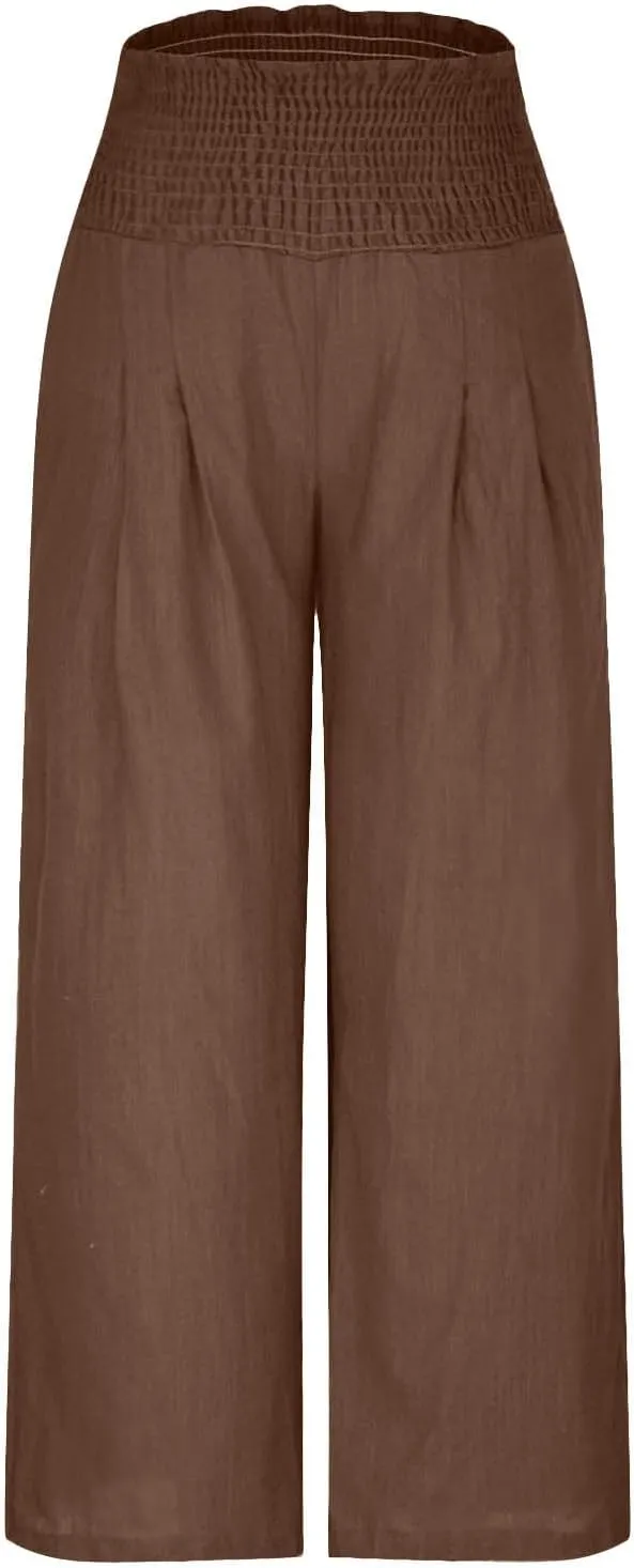 Casual Linen Wide Leg Pants for Women Smocked High Waisted Palazzo Pant Loose Baggy Elastic Waist Trousers