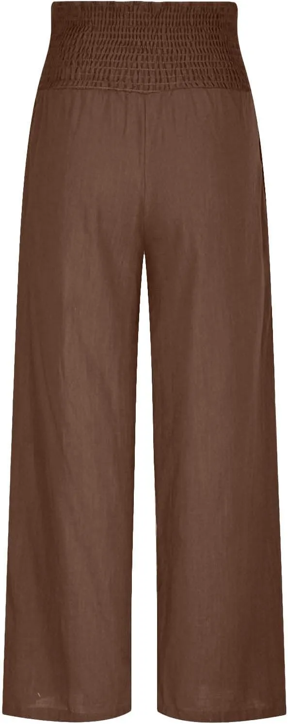 Casual Linen Wide Leg Pants for Women Smocked High Waisted Palazzo Pant Loose Baggy Elastic Waist Trousers