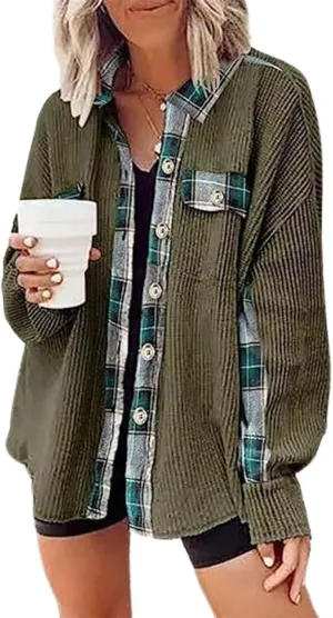 Ceboyel Women Plaid Oversized Jacket Waffle Knit Shacket Tops Button Down Long Sleeve Shirt Casual Trendy Clothes 2023