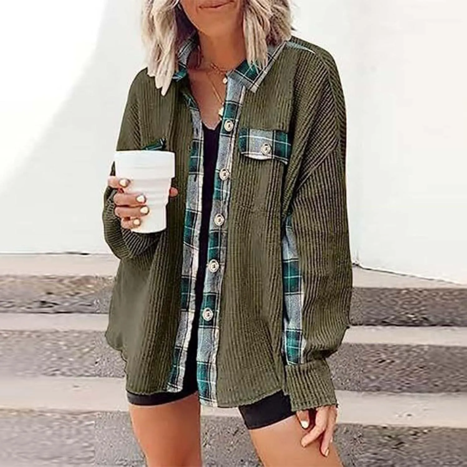 Ceboyel Women Plaid Oversized Jacket Waffle Knit Shacket Tops Button Down Long Sleeve Shirt Casual Trendy Clothes 2023