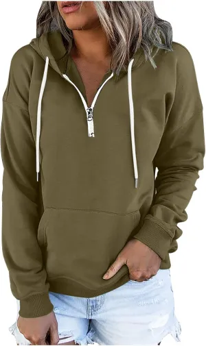 Ceboyel Women Quarter Zip Pullover Sweatshirt Solid Color Hoodies Drawstring Long Sleeve Pullover Tops Fall Clothing 2023