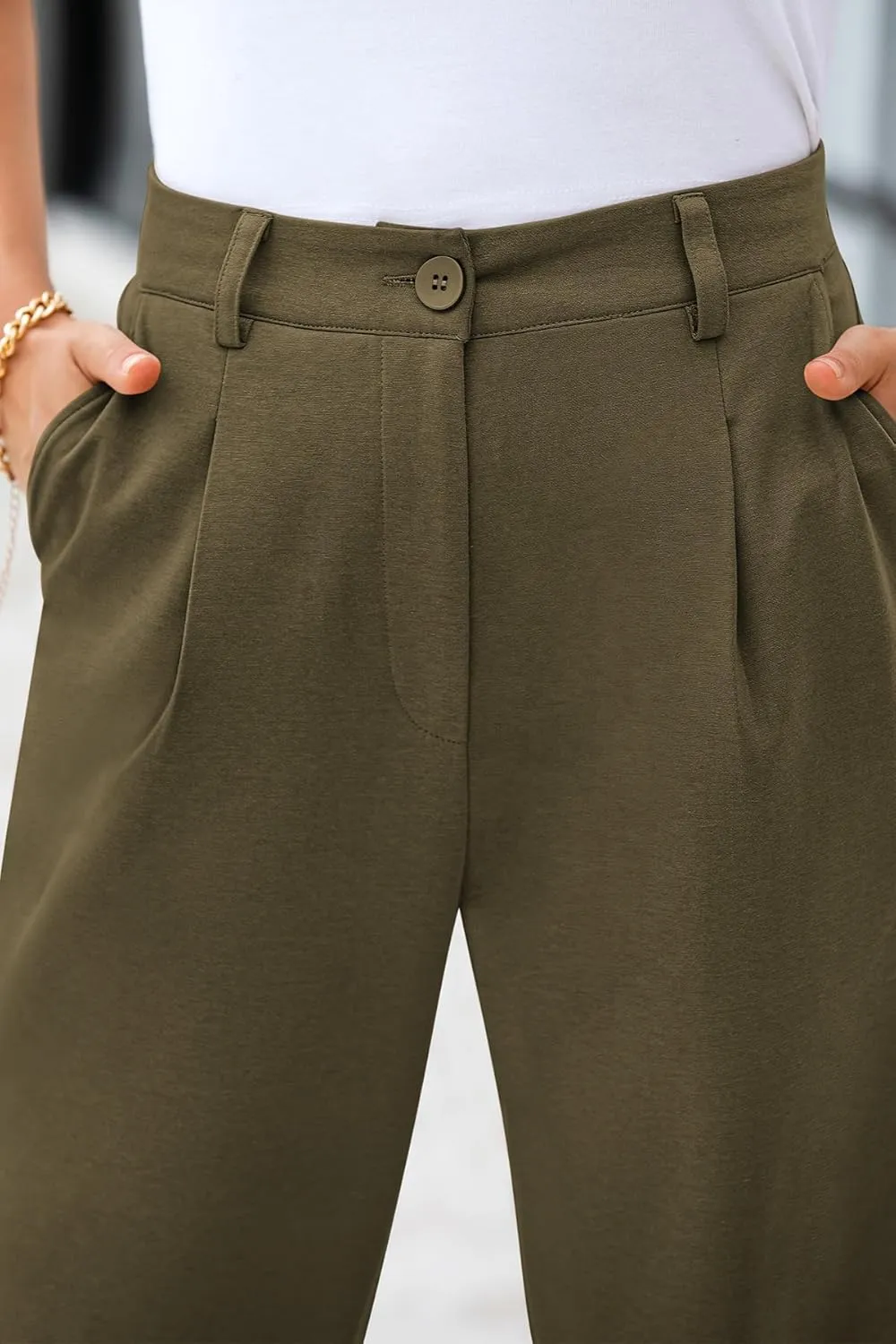 CFLONGE Women's Summer High Waisted Pants for Women 2025 Casual Ankle Length Pant for Work Office Trouser Slacks with Pockets