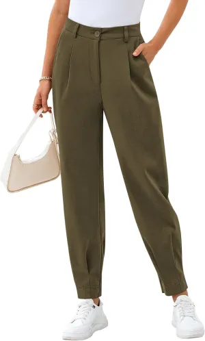 CFLONGE Women's Summer High Waisted Pants for Women 2025 Casual Ankle Length Pant for Work Office Trouser Slacks with Pockets