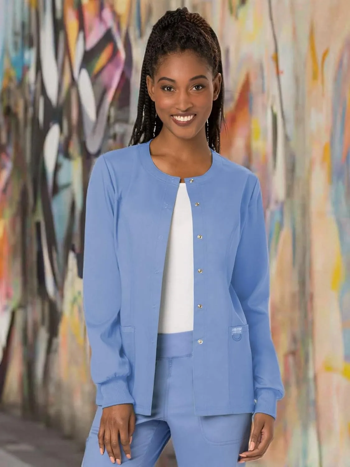 Cherokee Scrub Jackets For Woman, Snap Front with 3 Pockets & 2 way Stretch - WW310