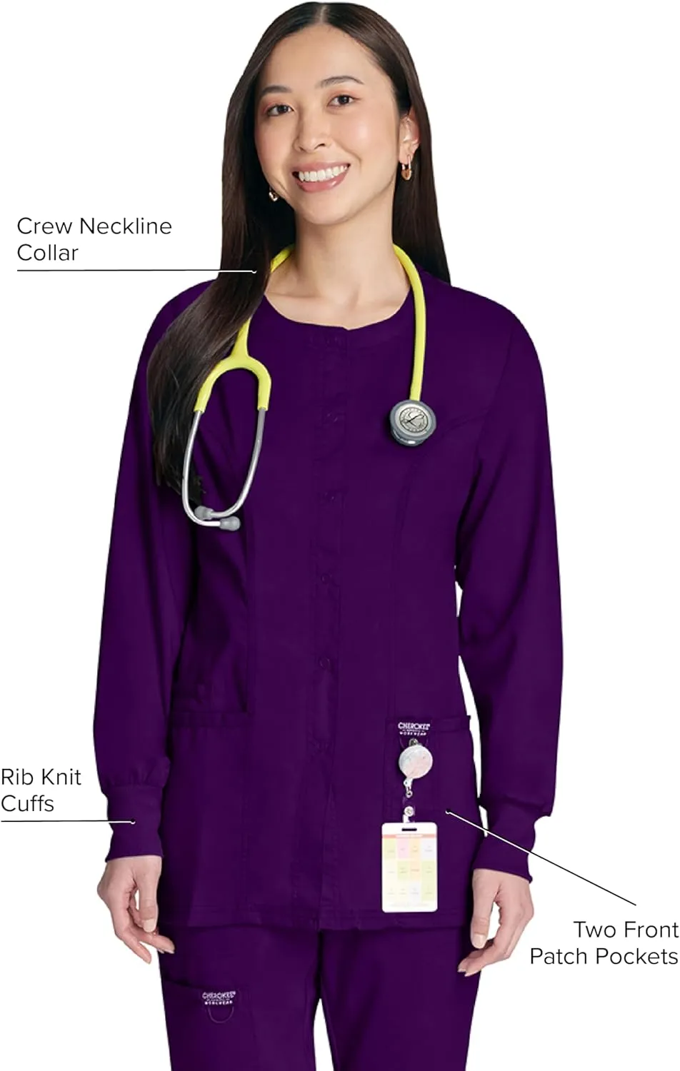 Cherokee Scrub Jackets For Woman, Snap Front with 3 Pockets & 2 way Stretch - WW310
