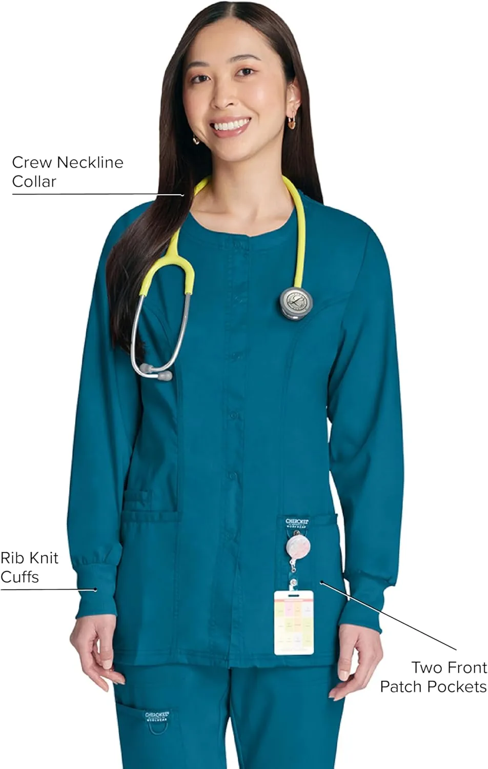 Cherokee Scrub Jackets For Woman, Snap Front with 3 Pockets & 2 way Stretch - WW310
