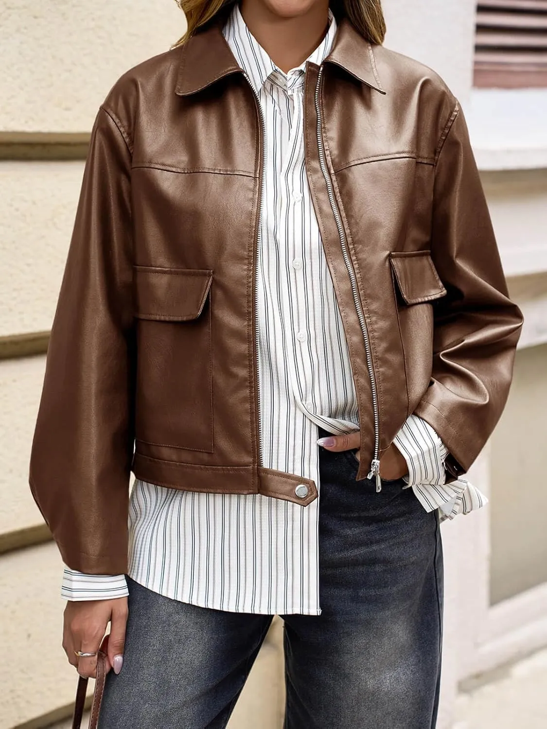 Cicy Bell Womens Faux Leather Bomber Jackets Zip Up Cropped Lapel Moto Coats Trendy Casual Outerwear with Pockets