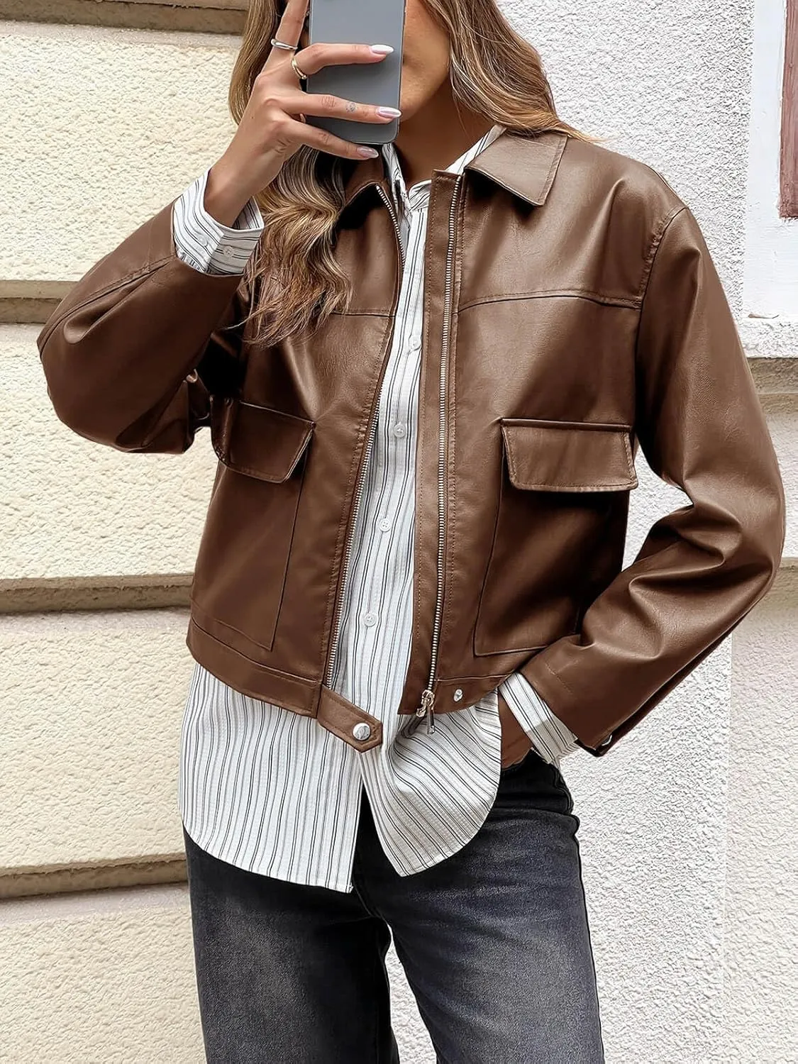 Cicy Bell Womens Faux Leather Bomber Jackets Zip Up Cropped Lapel Moto Coats Trendy Casual Outerwear with Pockets