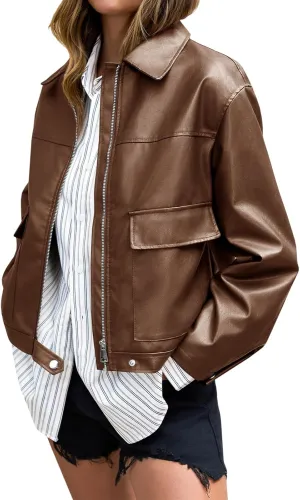 Cicy Bell Womens Faux Leather Bomber Jackets Zip Up Cropped Lapel Moto Coats Trendy Casual Outerwear with Pockets
